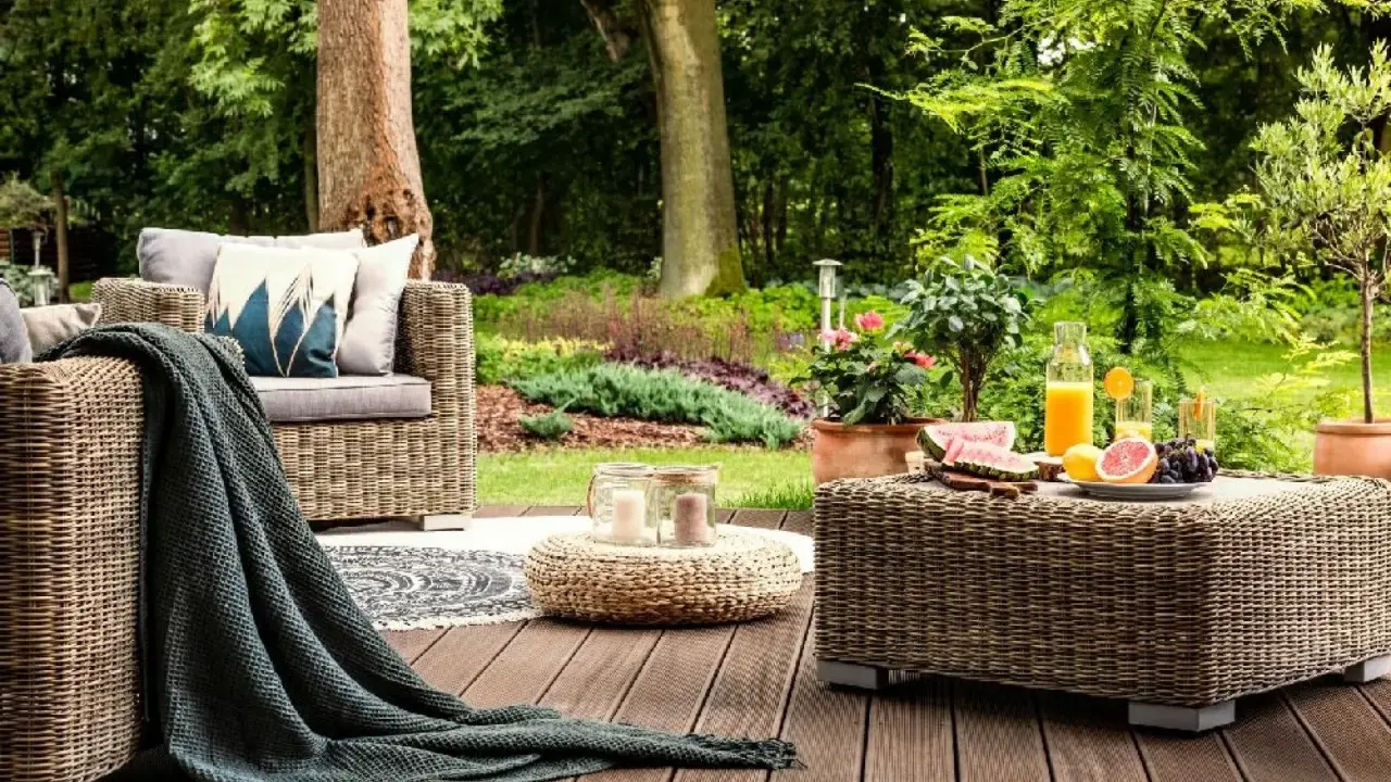 Relaks na tarasie z meblami z plecionki, przypominającej naturalne **drewno egzotyczne**. Na stoliku owoce i napoje, obok wygodna sofa.