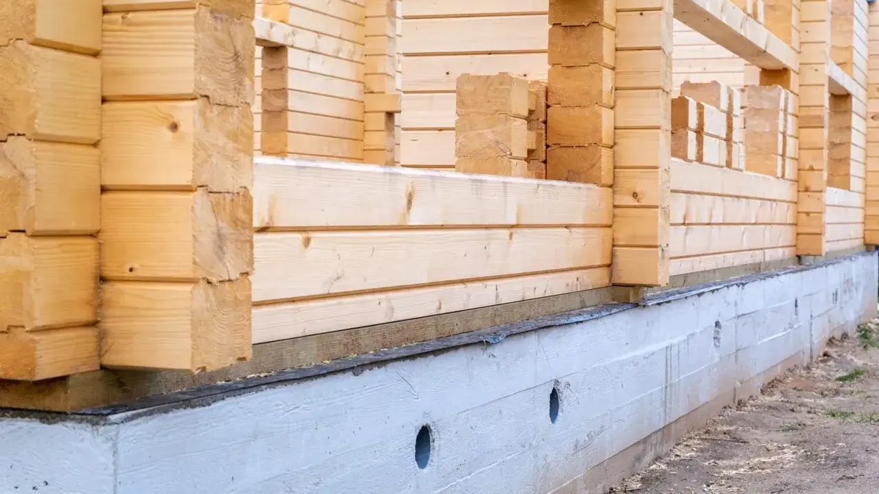 Drewniana konstrukcja domu opiera się na solidnym betonowym fundamencie. Pokazuje to, jak połączyć drewno z betonem w budownictwie.