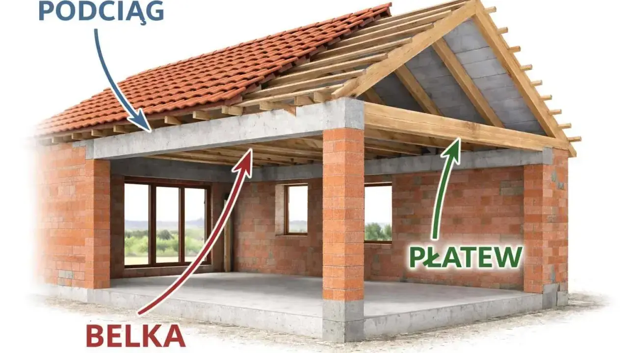Konstrukcja dachu z widoczną belką podciągową, która stanowi poziome wsparcie dla stropu i ścian.