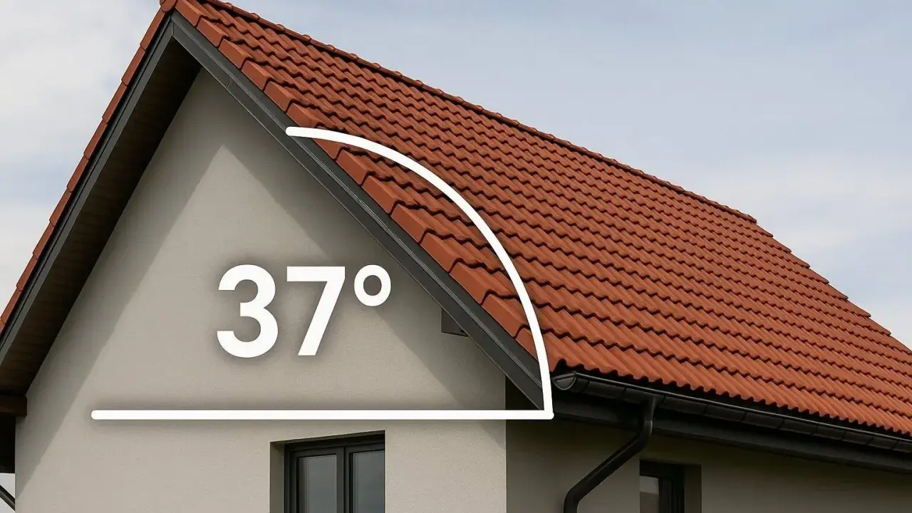 Dachówka ceramiczna na domu z kątem nachylenia 37°. Minimalne nachylenie dachu jest kluczowe dla trwałości pokrycia.