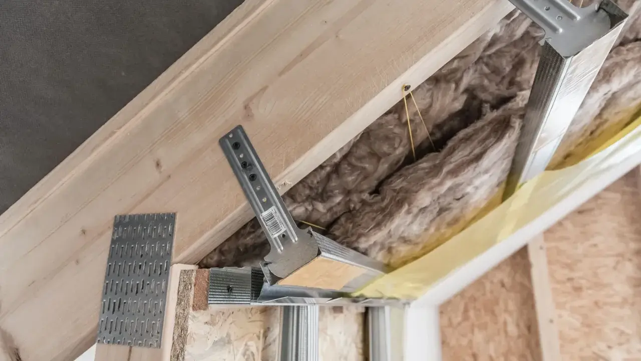 Konstrukcja poddasza z wełną mineralną i profilem metalowym. Widać elementy montażowe, które mogą być używane jako wkręty do wieszaków grzybkowych.