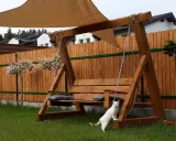 Drewniana huśtawka ogrodowa jak zrobić? Biały kot pilnuje relaksu na łonie natury.