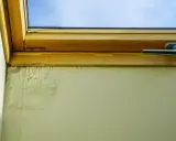 Widoczne okna dachowe zacieki na ścianie, świadczące o problemach z wilgocią. Drewniana rama okna i jasna ściana.