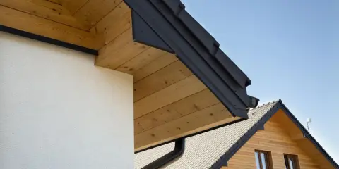 Elegancka podbitka z desek drewnianych pięknie komponuje się z nowoczesną elewacją i ciemnym dachem.