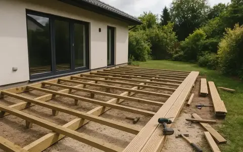 Budowa tarasu. Drewniany stelaż czeka na deski. Widać różną grubości desek, narzędzia i stos materiału.