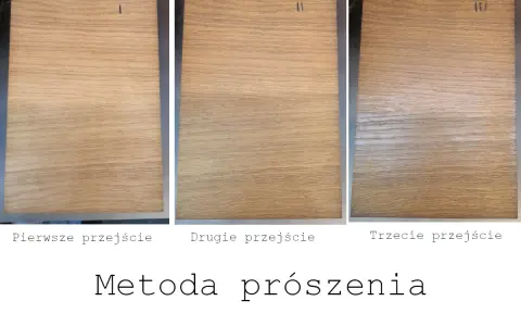 Trzy próbki drewna pokazujące efekt przyciemniania po kolejnych przejściach. Metoda prószęnia.