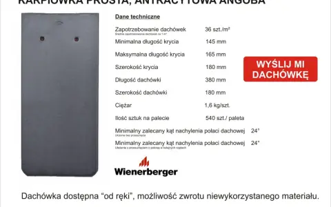 Dachówka karpiówka prosta antracytowa. Wymiary dachówki karpiówki: 380 mm długości, 180 mm szerokości.
