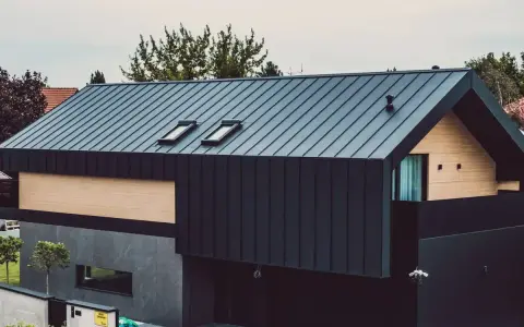 Nowoczesny dom z ciemną elewacją z blachy trapezowej, drewnianymi panelami i dwoma oknami dachowymi.