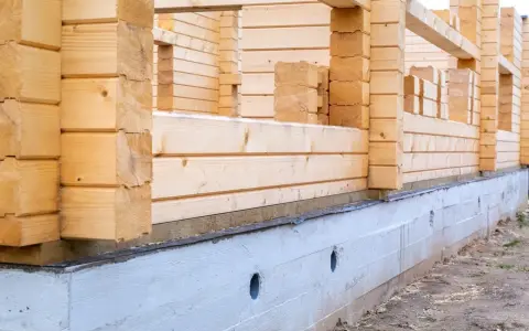 Drewniana konstrukcja domu opiera się na solidnym betonowym fundamencie. Pokazuje to, jak połączyć drewno z betonem w budownictwie.