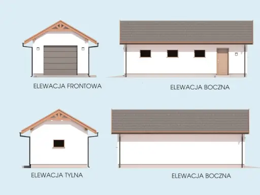 Projekt garażu drewnianego: elewacje frontowa, tylna i dwie boczne z drzwiami i oknami.