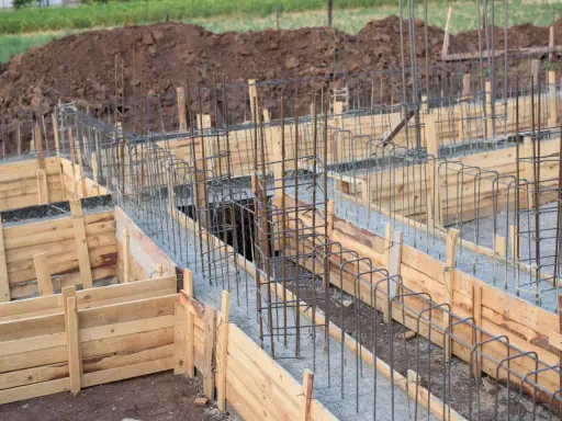 Drewniane deskowanie fundamentów z zbrojeniem stalowym, gotowe do zalania betonem.