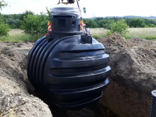 Montaż podziemnego zbiornika na deszczówkę, kluczowego elementu do odprowadzenia wody z rynien.