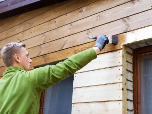 Mężczyzna w zielonej bluzie maluje pędzlem elewację z desek na zakładkę, nadając jej nowy, ciepły odcień.