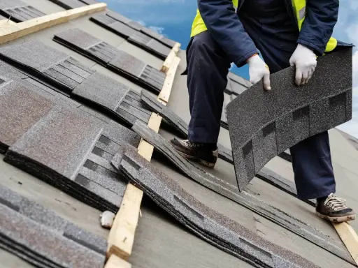 Dachówka bitumiczna układana na dachu. Pracownik w rękawiczkach trzyma kolejny element, przygotowując go do montażu.
