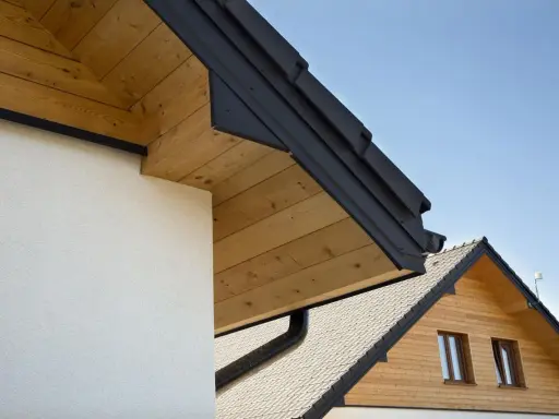 Elegancka podbitka z desek drewnianych pięknie komponuje się z nowoczesną elewacją i ciemnym dachem.