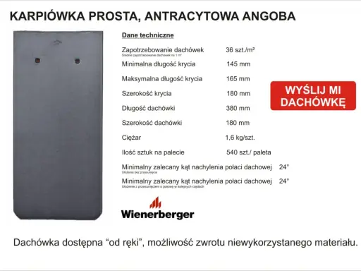 Dachówka karpiówka prosta antracytowa. Wymiary dachówki karpiówki: 380 mm długości, 180 mm szerokości.