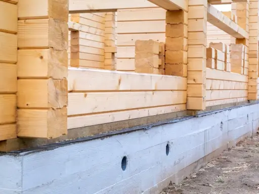 Drewniana konstrukcja domu opiera się na solidnym betonowym fundamencie. Pokazuje to, jak połączyć drewno z betonem w budownictwie.
