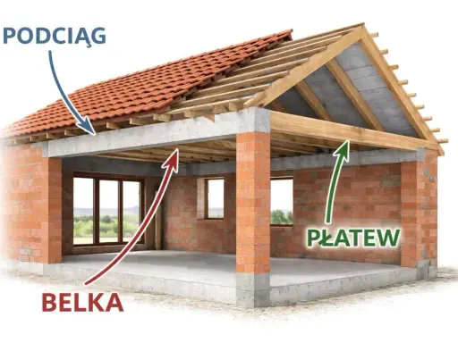 Konstrukcja dachu z widoczną belką podciągową, która stanowi poziome wsparcie dla stropu i ścian.