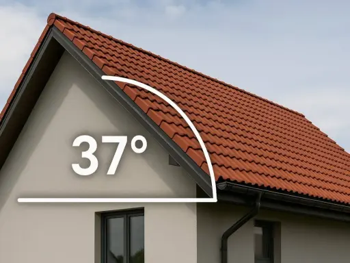 Dachówka ceramiczna na domu z kątem nachylenia 37°. Minimalne nachylenie dachu jest kluczowe dla trwałości pokrycia.
