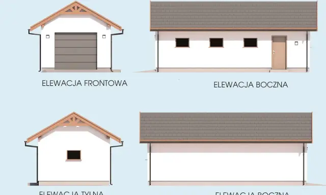 Projekt garażu drewnianego: elewacje frontowa, tylna i dwie boczne z drzwiami i oknami.