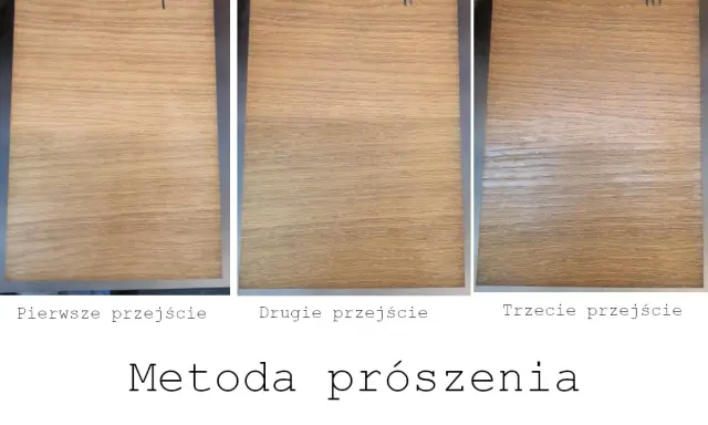 Trzy próbki drewna pokazujące efekt przyciemniania po kolejnych przejściach. Metoda prószęnia.