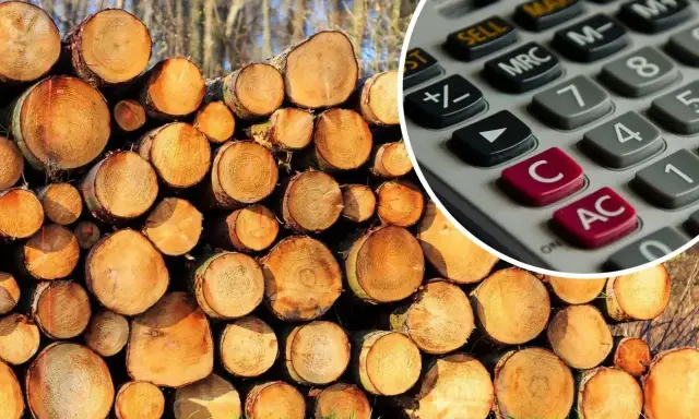 Stos drewna i kalkulator. Dowiedz się, jak obliczyć kubiki drewna, mierząc jego objętość.