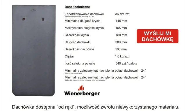 Dachówka karpiówka prosta antracytowa. Wymiary dachówki karpiówki: 380 mm długości, 180 mm szerokości.