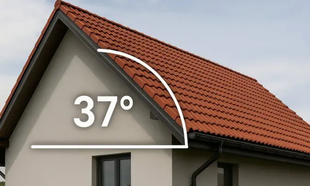 Dachówka ceramiczna na domu z kątem nachylenia 37°. Minimalne nachylenie dachu jest kluczowe dla trwałości pokrycia.