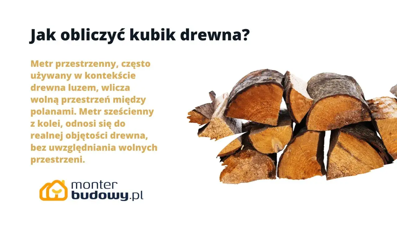 Jak obliczyć m3 desek? Stos drewna na tle tekstu wyjaśniającego różnicę między metrem przestrzennym a sześciennym.