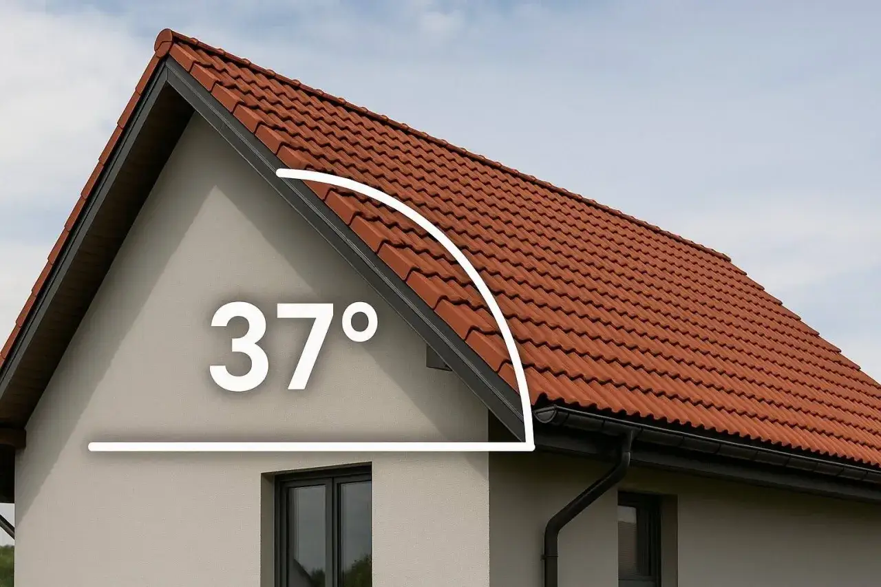 Dachówka ceramiczna na domu z kątem nachylenia 37°. Minimalne nachylenie dachu jest kluczowe dla trwałości pokrycia.