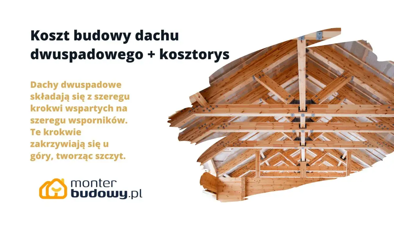 Drewniana konstrukcja dachu dwuspadowego, z widocznymi krokwi i wspornikami tworzącymi szczyt.