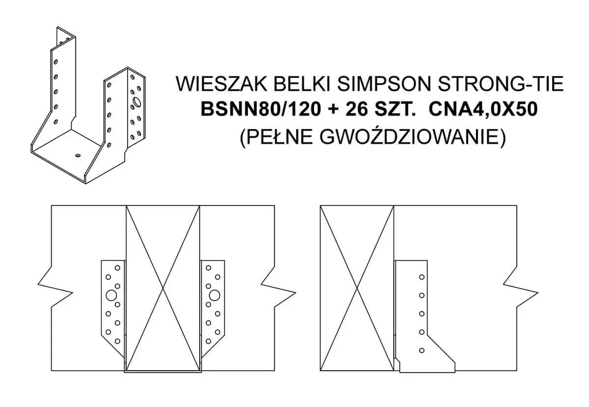 Wieszak belkowy Simpson Strong-Tie do połączeń ciesielskich, z pełnym gwoździowaniem.